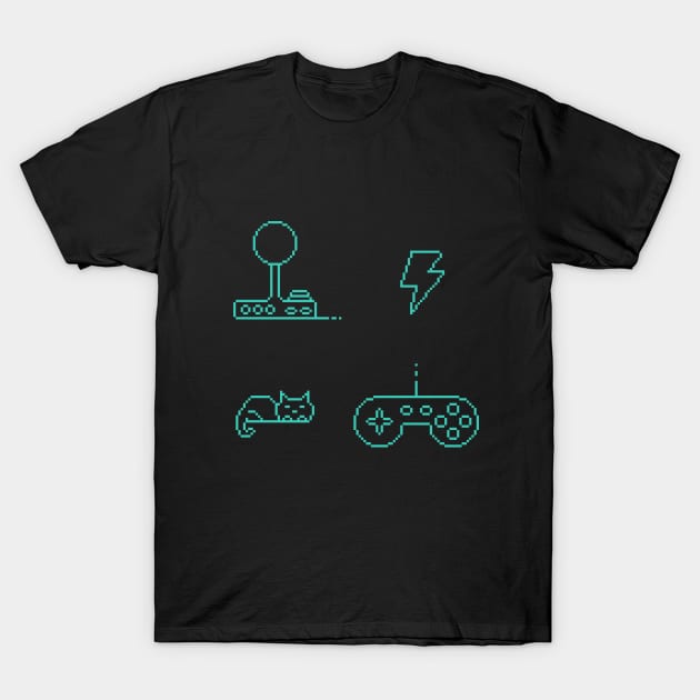 Pixel Art Video Game Controllers & Cat T-Shirt by Pixel Hoo